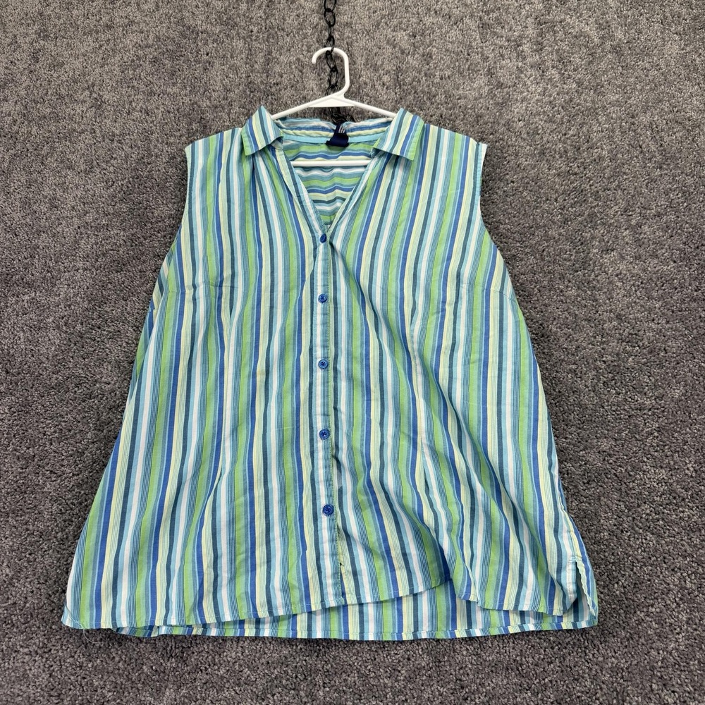 Basic Editions Shirt Womens XXL Blue Green Striped Sleeveless Button Up Casual